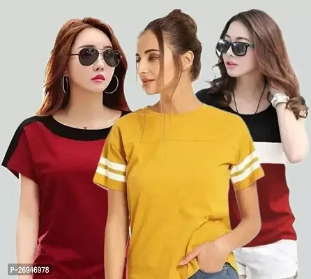 Elegant Multicoloured Cotton Blend Solid Tshirt For Women Pack Of 3-thumb0