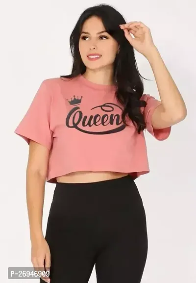 Elegant Peach Cotton Blend Printed Tshirt For Women