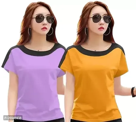 Elegant Multicoloured Cotton Blend Colourblocked Tshirt For Women Pack Of 2