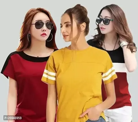 Elegant Multicoloured Cotton Blend Solid Tshirt For Women Pack Of 3-thumb0