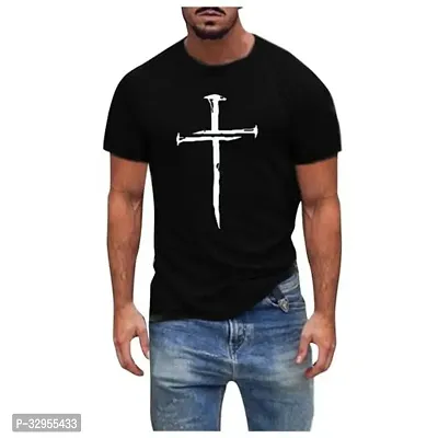 Stylish Black Cotton Blend Printed Short Sleeves Round Neck Tees For Men-thumb0