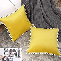 Cottonfry Set of 2 Cushion Throw Pillow with Pom Poms Lace, Soft Square Velvet Pillowcases with Filler (Lemon Yellow, 12x18)-thumb2