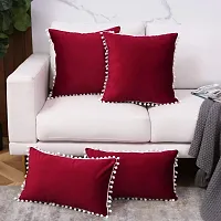 Cottonfry Set of 2 Cushion Throw Pillow with Pom Poms Lace, Soft Square Velvet Pillowcases with Filler (Red, 16x16)-thumb3