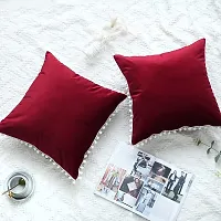 Cottonfry Set of 2 Cushion Throw Pillow with Pom Poms Lace, Soft Square Velvet Pillowcases with Filler (Red, 16x16)-thumb1