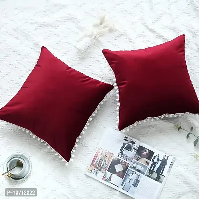 Cottonfry Set of 2 Cushion Throw Pillow with Pom Poms Lace, Soft Square Velvet Pillowcases with Filler (Red, 16x16)-thumb2