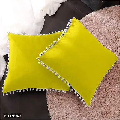 Cottonfry Soft Square 250 Velvet Pillowcases with Pom Poms Throw Pillow Cushion Covers, (Size: 18x27 Inches, Color:Lemon Yellow) Pack of 5 Piece-thumb2