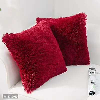 Cottonfry Pack of 2 Luxury Fur Shaggy Fluffy Throw Pillow Covers Set Soft Deluxe Decorative Plush Fleece Pillowcases for Cushion Couch Sofa Bedroom Home (18x27, Burgundy Red)-thumb2