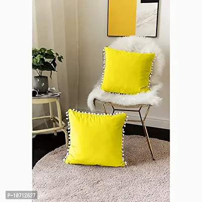 Cottonfry Soft Square 250 Velvet Pillowcases with Pom Poms Throw Pillow Cushion Covers, (Size: 18x27 Inches, Color:Lemon Yellow) Pack of 5 Piece-thumb3