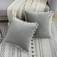 Cottonfry Set of 2 Cushion Throw Pillow with Pom Poms Lace, Soft Square Velvet Pillowcases with Filler (Grey, 16x16)-thumb2