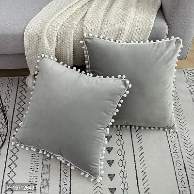 Cottonfry Set of 2 Cushion Throw Pillow with Pom Poms Lace, Soft Square Velvet Pillowcases with Filler (Grey, 16x16)-thumb3