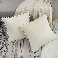 Cottonfry Set of 2 Cushion Throw Pillow with Pom Poms Lace, Soft Square Velvet Pillowcases with Filler (Cream, 12x18)-thumb1