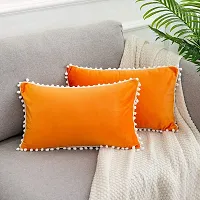 Cottonfry Set of 2 Cushion Throw Pillow with Pom Poms Lace, Soft Square Velvet Pillowcases with Filler (Orange, 12x18)-thumb1