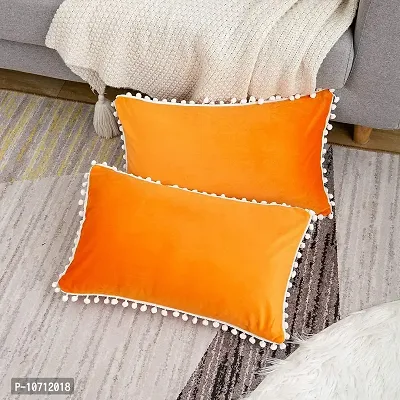 Cottonfry Set of 2 Cushion Throw Pillow with Pom Poms Lace, Soft Square Velvet Pillowcases with Filler (Orange, 12x18)