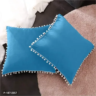 Cottonfry Soft Square 250 Velvet Pillowcases with Pom Poms Throw Pillow Cushion Covers, (Size: 10x10 Inches, Color:Sky Blue) Pack of 5 Piece-thumb2