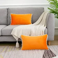 Cottonfry Set of 2 Cushion Throw Pillow with Pom Poms Lace, Soft Square Velvet Pillowcases with Filler (Orange, 12x18)-thumb3