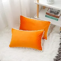 Cottonfry Set of 2 Cushion Throw Pillow with Pom Poms Lace, Soft Square Velvet Pillowcases with Filler (Orange, 12x18)-thumb2