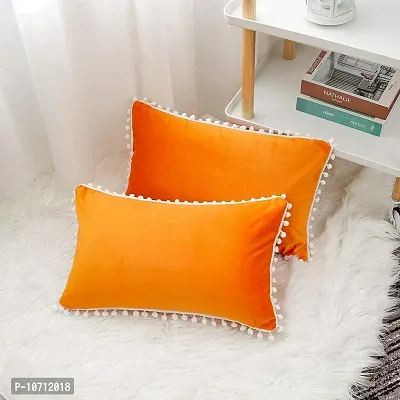 Cottonfry Set of 2 Cushion Throw Pillow with Pom Poms Lace, Soft Square Velvet Pillowcases with Filler (Orange, 12x18)-thumb3