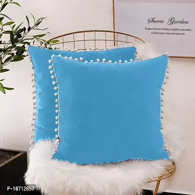 Cottonfry Soft Square 250 Velvet Pillowcases with Pom Poms Throw Pillow Cushion Covers, (Size: 10x10 Inches, Color:Sky Blue) Pack of 5 Piece