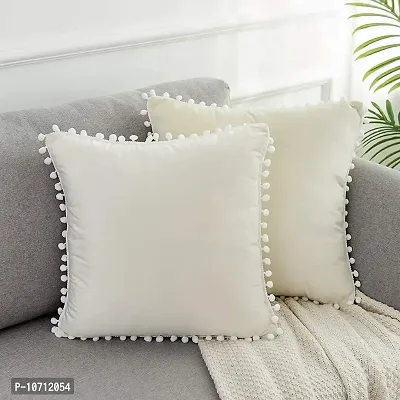 Cottonfry Set of 2 Cushion Throw Pillow with Pom Poms Lace, Soft Square Velvet Pillowcases with Filler (Cream, 12x18)