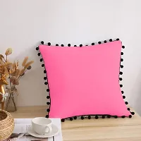 Cottonfry Velvet Black Decorative Pom Pom on Border Lace Throw Cushion Covers/Cases (Radiant Pink, 12x18)-thumb1