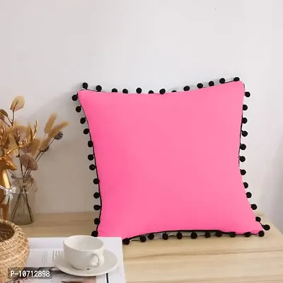 Cottonfry Velvet Black Decorative Pom Pom on Border Lace Throw Cushion Covers/Cases (Radiant Pink, 12x18)-thumb2