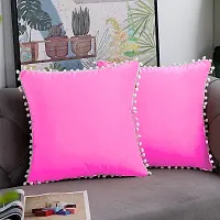 Cottonfry Set of 2 Cushion Throw Pillow with Pom Poms Lace, Soft Square Velvet Pillowcases with Filler (Radiant Pink, 16x16)-thumb1