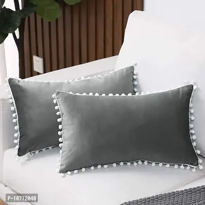 Cottonfry Set of 2 Cushion Throw Pillow with Pom Poms Lace, Soft Square Velvet Pillowcases with Filler (Grey, 16x16)