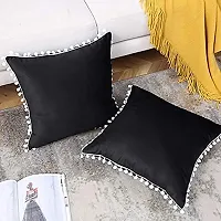 Cottonfry Set of 2 Cushion Throw Pillow with Pom Poms Lace, Soft Square Velvet Pillowcases with Filler (Black, 12x18)-thumb3