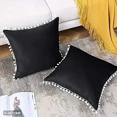 Cottonfry Set of 2 Cushion Throw Pillow with Pom Poms Lace, Soft Square Velvet Pillowcases with Filler (Black, 12x18)-thumb4