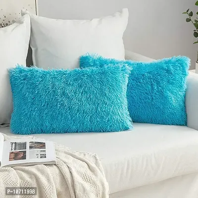 Cottonfry Pack of 2 Luxury Fur Shaggy Fluffy Throw Pillow Covers Set Soft Deluxe Decorative Plush Fleece Pillowcases for Cushion Couch Sofa Bedroom Home (18x27, Blue)-thumb4