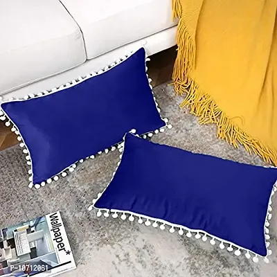 Cottonfry Set of 2 Cushion Throw Pillow with Pom Poms Lace, Soft Square Velvet Pillowcases with Filler (Royal Blue, 16x16)