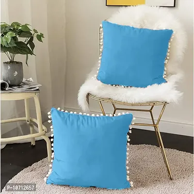 Cottonfry Soft Square 250 Velvet Pillowcases with Pom Poms Throw Pillow Cushion Covers, (Size: 10x10 Inches, Color:Sky Blue) Pack of 5 Piece-thumb3