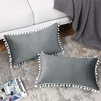 Cottonfry Set of 2 Cushion Throw Pillow with Pom Poms Lace, Soft Square Velvet Pillowcases with Filler (Grey, 16x16)-thumb1