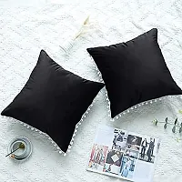 Cottonfry Set of 2 Cushion Throw Pillow with Pom Poms Lace, Soft Square Velvet Pillowcases with Filler (Black, 12x18)-thumb2