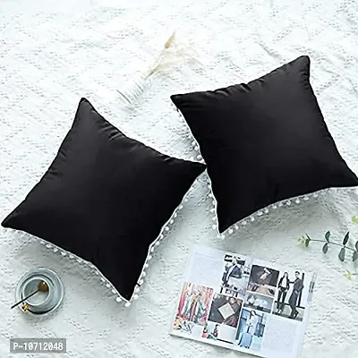 Cottonfry Set of 2 Cushion Throw Pillow with Pom Poms Lace, Soft Square Velvet Pillowcases with Filler (Black, 12x18)-thumb3