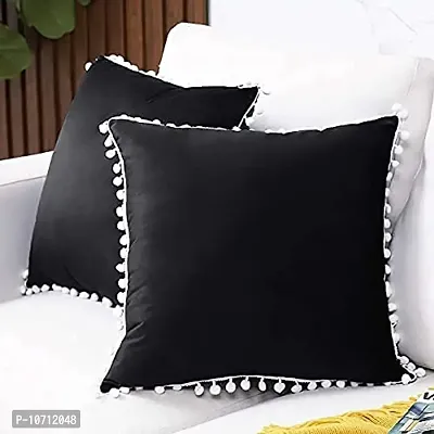 Cottonfry Set of 2 Cushion Throw Pillow with Pom Poms Lace, Soft Square Velvet Pillowcases with Filler (Black, 12x18)