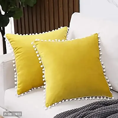 Cottonfry Set of 2 Cushion Throw Pillow with Pom Poms Lace, Soft Square Velvet Pillowcases with Filler (Lemon Yellow, 12x18)