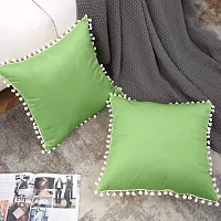 Cottonfry Set of 2 Cushion Throw Pillow with Pom Poms Lace, Soft Square Velvet Pillowcases with Filler (Green, 12x18)-thumb1