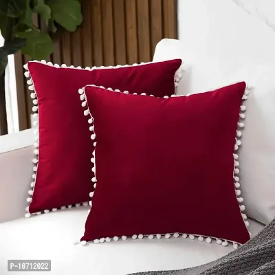 Cottonfry Set of 2 Cushion Throw Pillow with Pom Poms Lace, Soft Square Velvet Pillowcases with Filler (Red, 16x16)