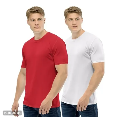 Reliable Multicoloured Polyester Blend Solid Round Neck Tees For Men