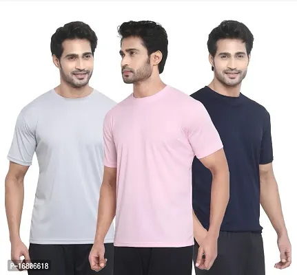 Reliable Multicoloured Polyester Blend Solid Round Neck Tees For Men