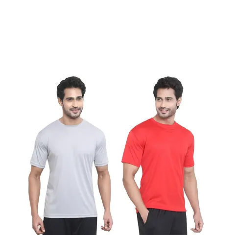 MonkManiac Mens 100% Polyester Pack of 2 Plain Regular Fit Round Neck Half Sleeve Sports T Shirt