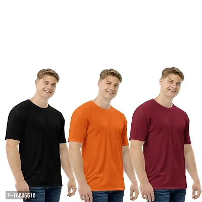 Reliable Multicoloured Polyester Blend Solid Round Neck Tees For Men