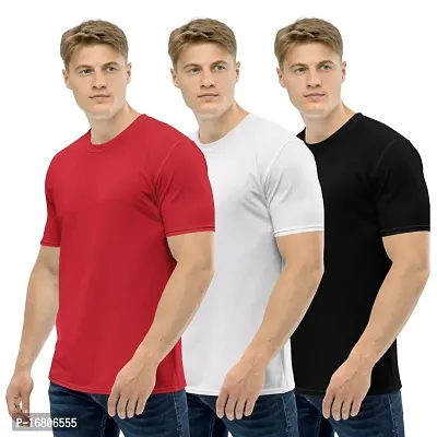 Reliable Multicoloured Polyester Blend Solid Round Neck Tees For Men