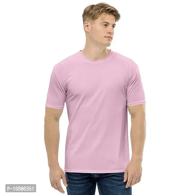 Pink Polyester Blend Solid Round Neck Tees For Men