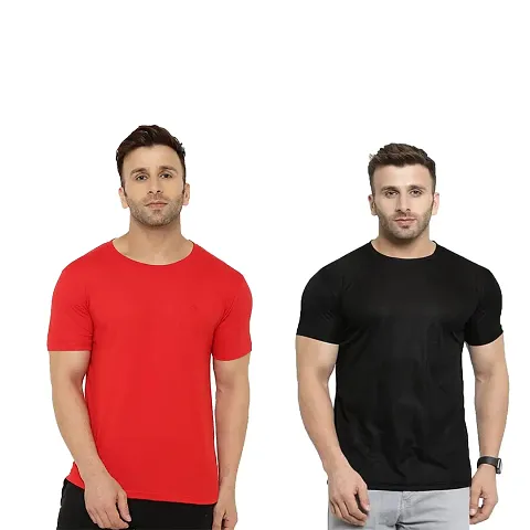 MonkManiac Mens 100% Polyester Pack of 2 Plain Regular Fit Round Neck Half Sleeve Sports T Shirt