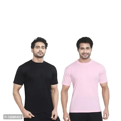 Reliable Multicoloured Polyester Blend Solid Round Neck Tees For Men