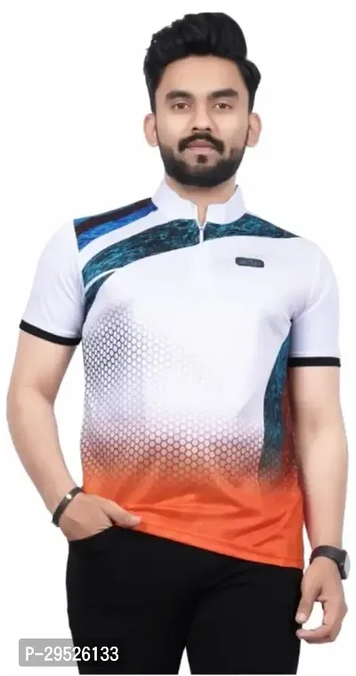 Stylish Printed Collar Zip Polyester T-Shirt For Men-thumb0