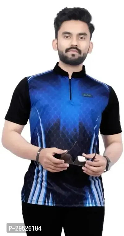 Stylish Printed Collar Zip Polyester T-Shirt For Men-thumb0