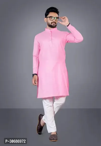 Latest Cotton Blend Full Sleeves Mandarin Collar Kurta Pyjama Set (Pink)